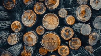 Aerial view, large number of trees cut, annual rings