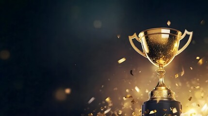 Golden Trophy and Confetti on Dark Background, Success Award Banner for Victory Celebration and Premium Service Achievement Presentation