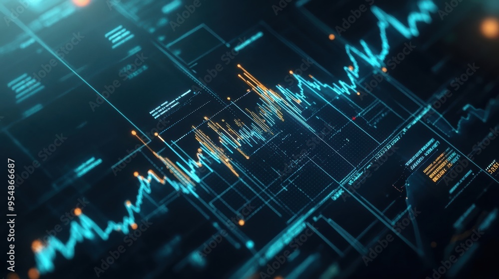 Poster seamless loop of animated financial data with glowing lines and pie charts, set against a dark, slee