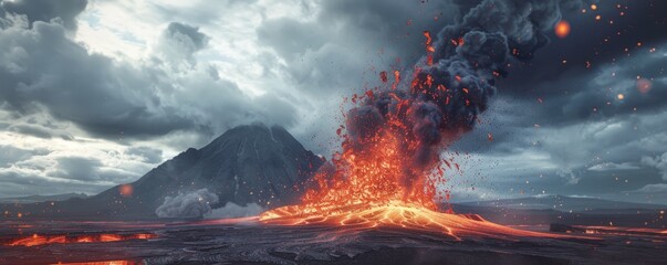 A dramatic volcanic eruption spewing lava and ash into the air, 4K hyperrealistic photo