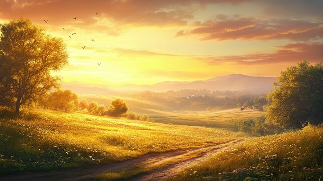 Sunset over a rolling meadow with a winding dirt road