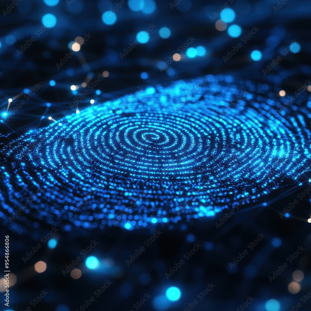 Poster abstract fingerprint pattern with blue lights on black background - futuristic digital identity conc