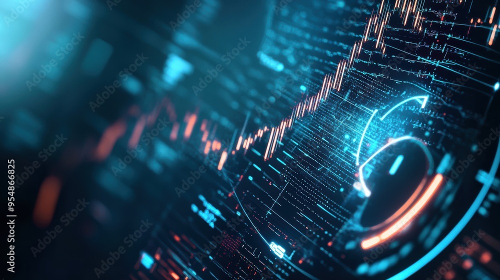 Poster seamless loop of animated financial data with glowing lines and pie charts, set against a dark, slee
