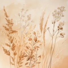 Watercolor Painting of Dried Flowers and Plants on Beige Background.