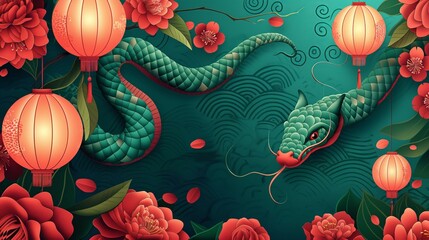 Green snake zodiac symbol with flowers illustration celebrating the Lunar Chinese New Year 2025