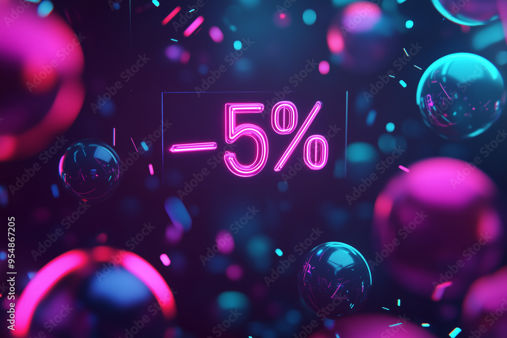 Aufkleber a captivating 3d neon design featuring -5% with dynamic particles in a dark space