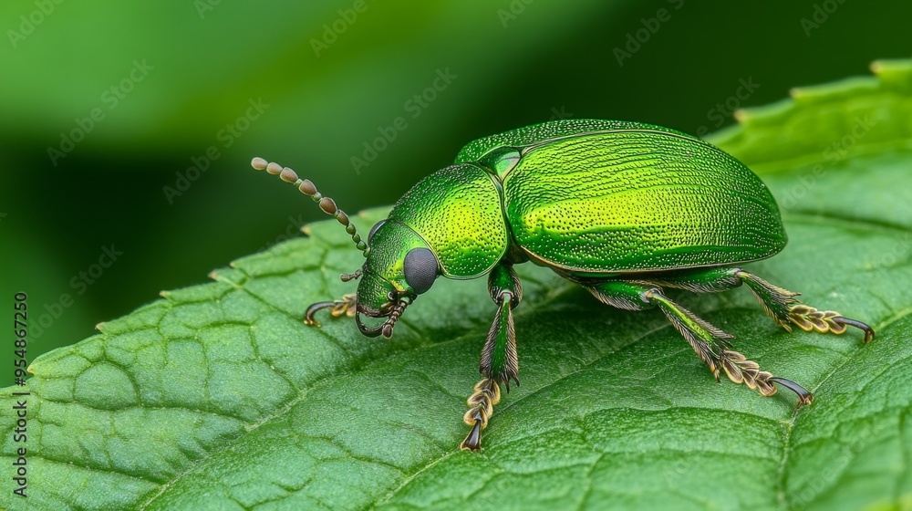 Poster a bright green beetle resting on a large leaf, with its shiny exoskeleton reflecting light and blend