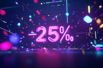 Glitched neon sale design with dynamic particles creating an electrifying discount atmosphere