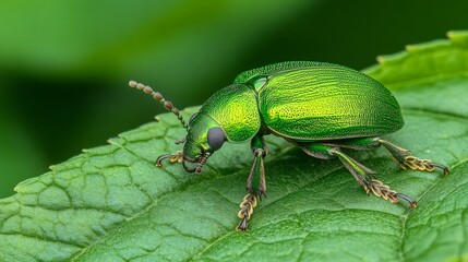 A bright green beetle resting on a large leaf, with its shiny exoskeleton reflecting light and blending with the natural colors of the foliage.