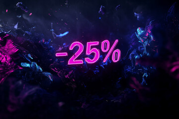 Dynamic neon glitch art showcasing -25% discount in a vivid, dark atmosphere with abstract motion