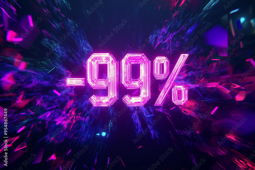 Poster glitched neon design with -99% inscription and dynamic motion particles in a vivid dark setting