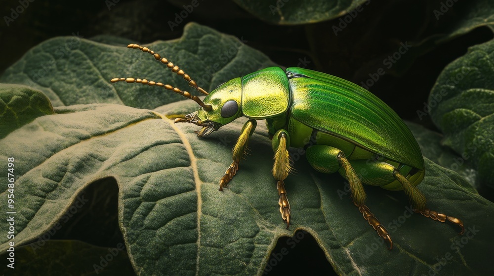 Poster a bright green beetle resting on a large leaf, with its shiny exoskeleton reflecting light and blend