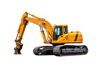 Yellow excavator with a brown bucket on the treads. Ideal for construction, industrial, machinery, engineering, and heavy equipment concepts in design projects