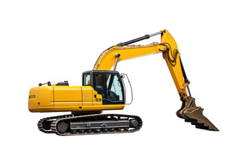 Yellow excavator with a brown bucket on the treads. Ideal for construction, industrial, machinery, engineering, and heavy equipment concepts in design projects
