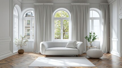 Minimalist living room interior design with a white sofa, white curtains, and wooden floor.