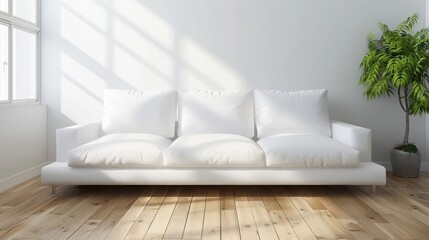 White sofa with three pillows, a potted plant, and sunlight streaming through a window in a minimalist living room.