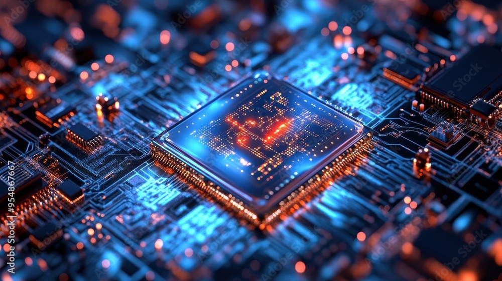 Poster futuristic circuit board with glowing processor