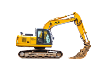 Yellow excavator with a brown bucket on the treads. Ideal for construction, industrial, machinery, engineering, and heavy equipment concepts in design projects