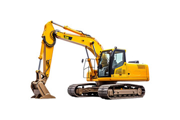 Yellow excavator with a brown bucket on the treads. Ideal for construction, industrial, machinery, engineering, and heavy equipment concepts in design projects