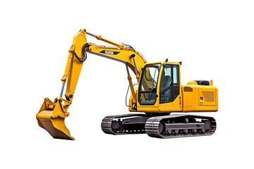 Yellow excavator with a brown bucket on the treads. Ideal for construction, industrial, machinery, engineering, and heavy equipment concepts in design projects