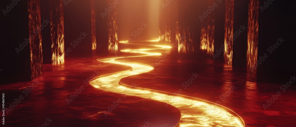 Poster abstract pathway of glowing gold river in red-lit corridor - surreal 3d render.