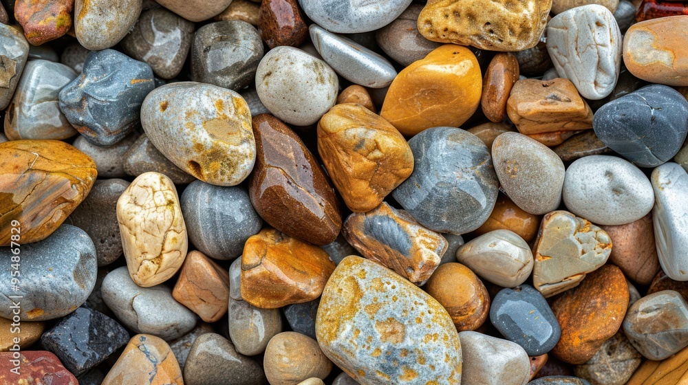 Wall mural close-up of a collection of smooth, colorful pebbles, perfect for background, texture, or pattern.