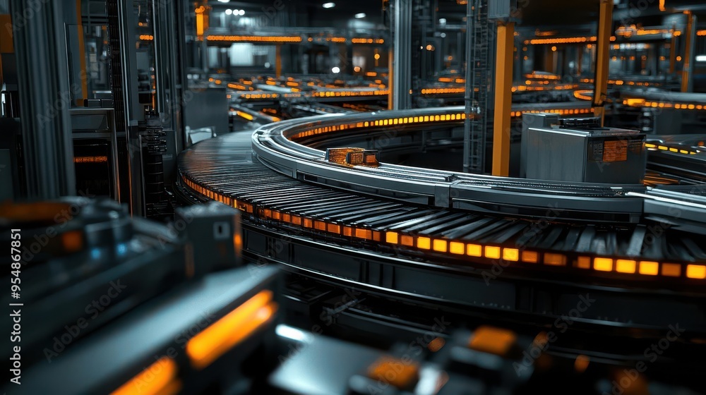 Poster automated assembly line featuring high-tech factory machinery illustrating seamless production proce