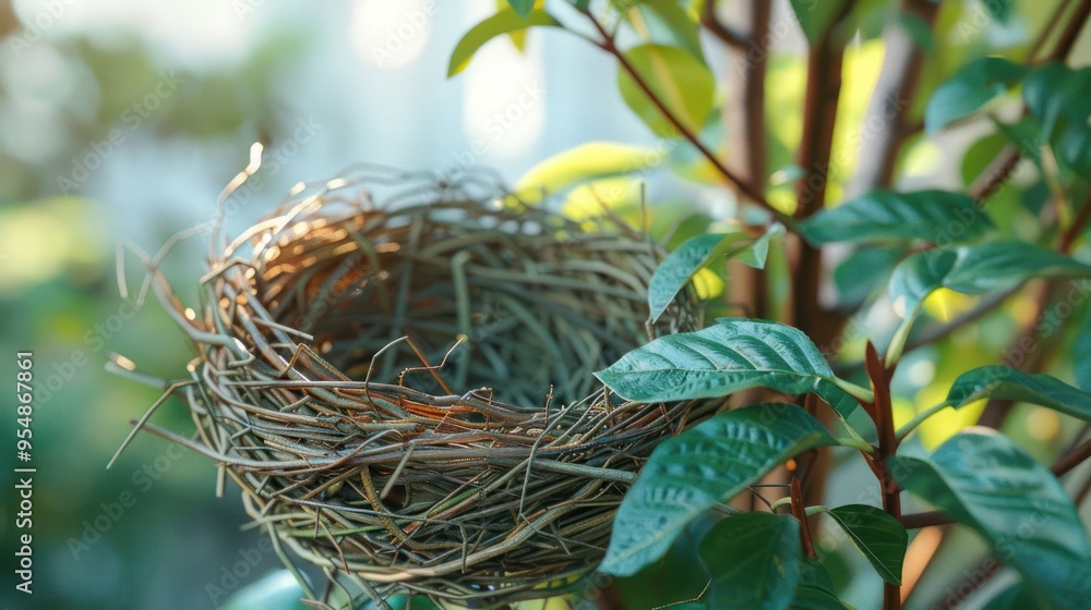 Poster an empty bird nest made of twigs sits in a tree branch with green leaves.