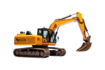 Yellow excavator with a brown bucket on the treads. Ideal for construction, industrial, machinery, engineering, and heavy equipment concepts in design projects
