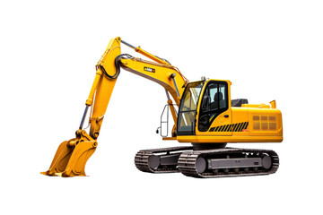 Yellow excavator with a brown bucket on the treads. Ideal for construction, industrial, machinery, engineering, and heavy equipment concepts in design projects