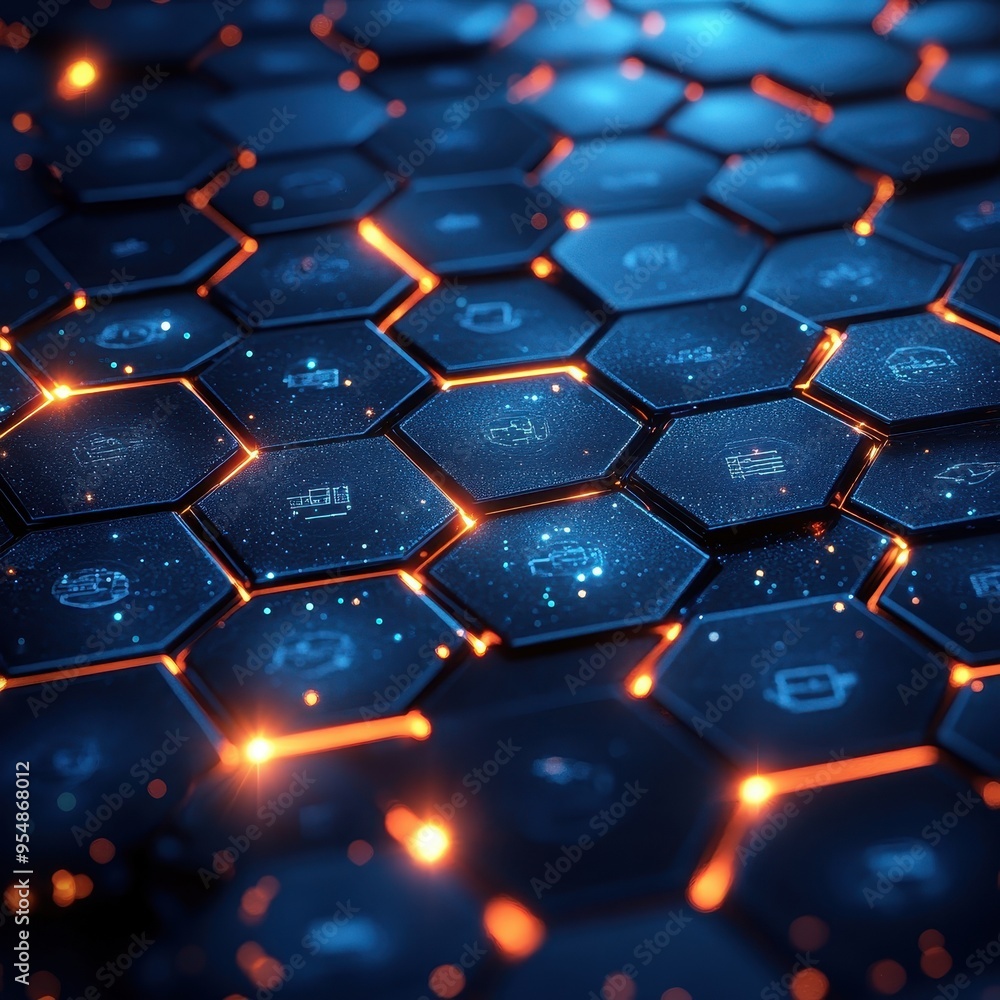 Aufkleber abstract technology background with hexagon pattern and glowing lights.