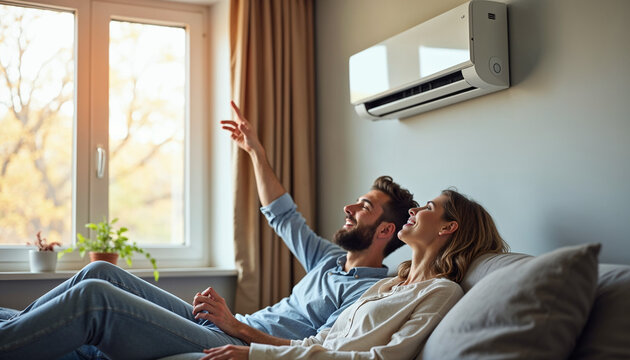 Young family couple enjoying life in their apartment with a modern air conditioning system. Happy husband and wife relaxing on the sofa at home and setting up the temperature on their AC on the wall