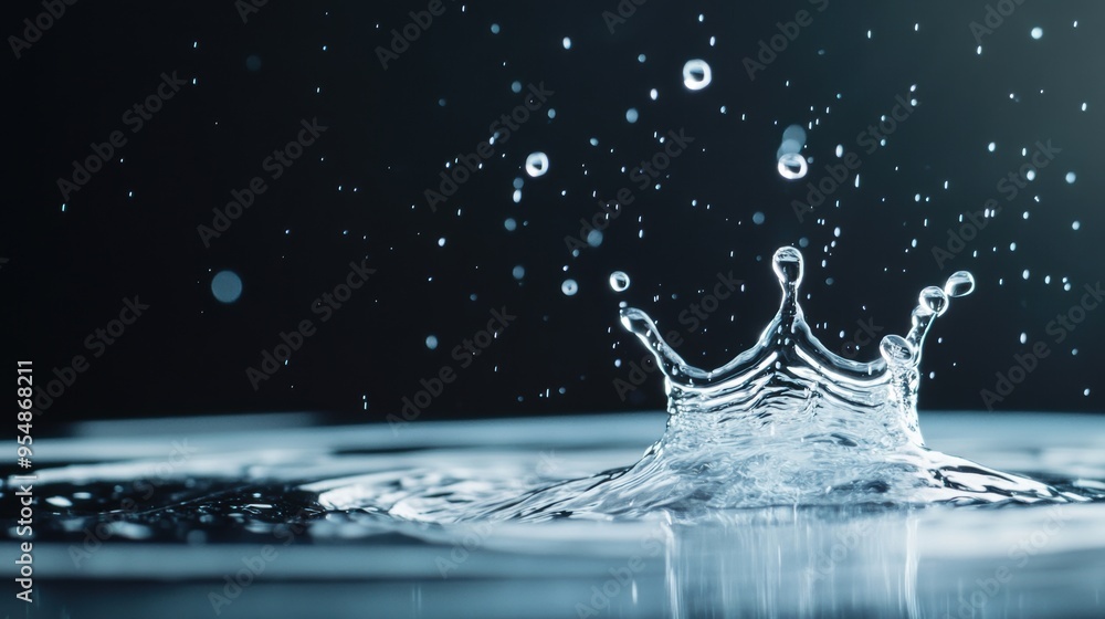 Poster water droplets splashing in slow motion, capturing the precise moment of impact, with clear reflecti