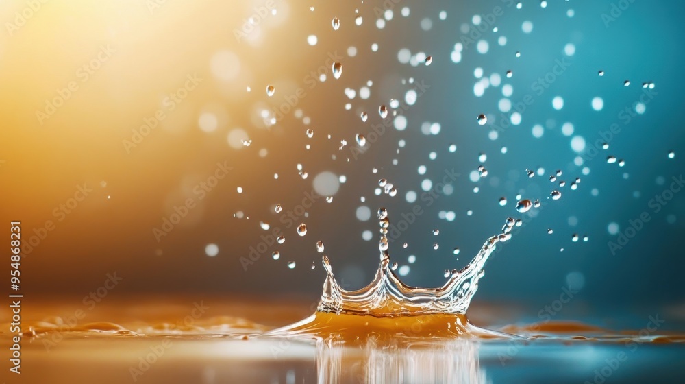 Poster water droplets splashing in slow motion, capturing the precise moment of impact, with clear reflecti