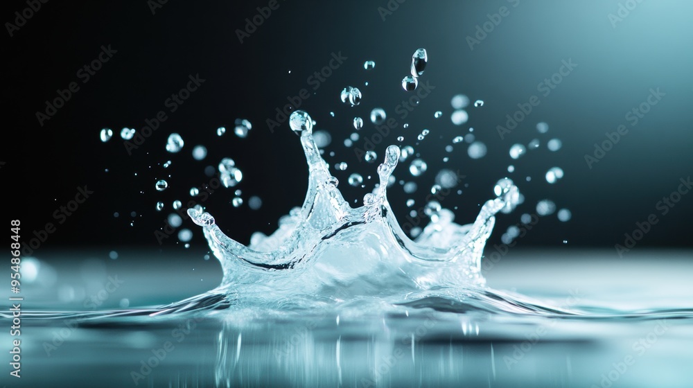 Poster water droplets splashing in slow motion, capturing the precise moment of impact, with clear reflecti