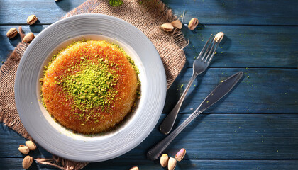 Middle eastern sweets kunefe, kunafa, kadayif with pistachio .Turkish , arabic traditional dessert. ai generated