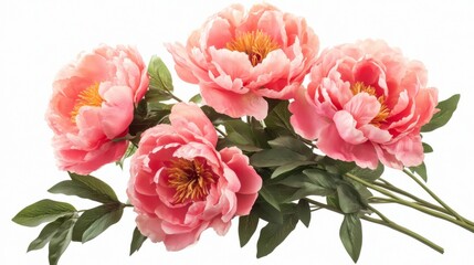 A bunch of pink peonies with lush, full blooms and green leaves, set against a clean white background to accentuate their beauty.
