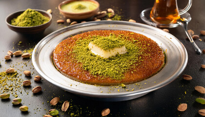 Middle eastern sweets kunefe, kunafa, kadayif with pistachio .Turkish , arabic traditional dessert. ai generated