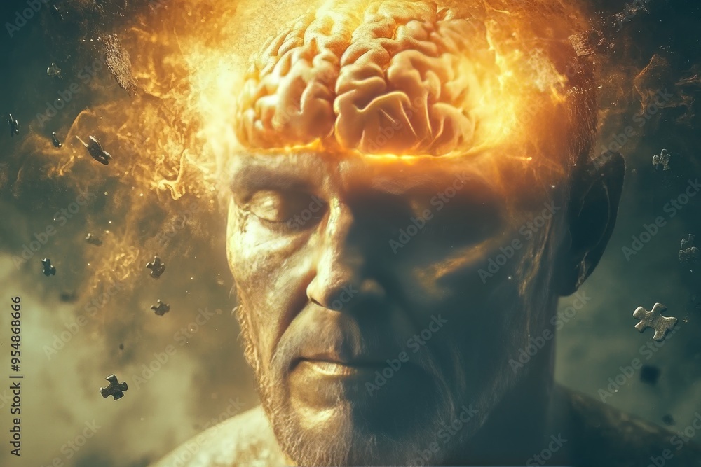 Poster neuroendocrinology neural circuitry of love portrait of an elderly man with a glowing brain symboliz
