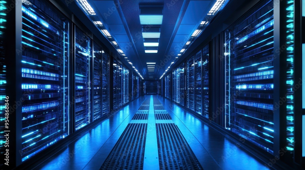 Aufkleber futuristic data center with illuminated server racks