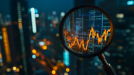 Illuminated stock market data viewed through a magnifying glass against a city skyline backdrop