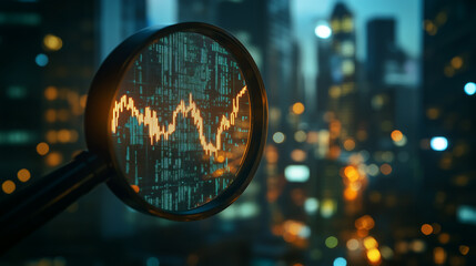 A magnifying glass reveals stock market trends against a blurred city skyline at dusk