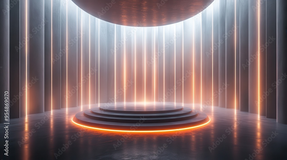 Poster Futuristic Abstract Background with Glowing Orange Lines and Circular Platform.