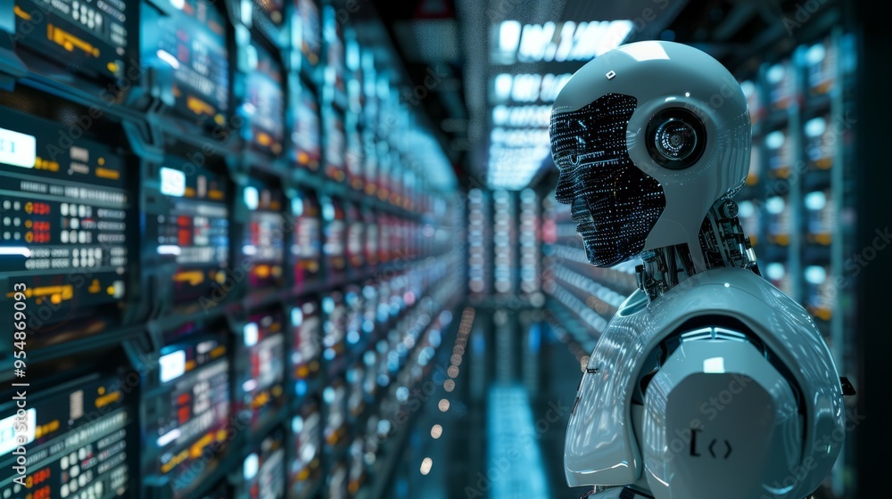 Poster A robot stands in front of a wall of computer monitors