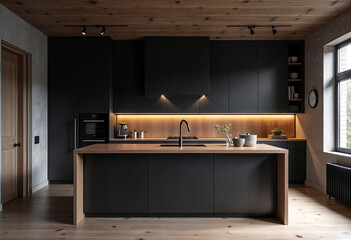 Concept photo of minimalist dark kitchen interior