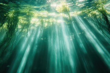 Obraz premium An enchanting underwater scene where sunlight beams pierce through the water