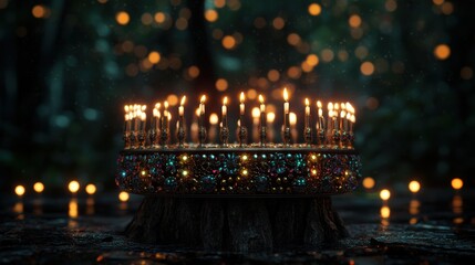 An intricately decorated menorah with lit candles placed in a mystical forest setting, surrounded by soft, glowing lights, creating an enchanting atmosphere.