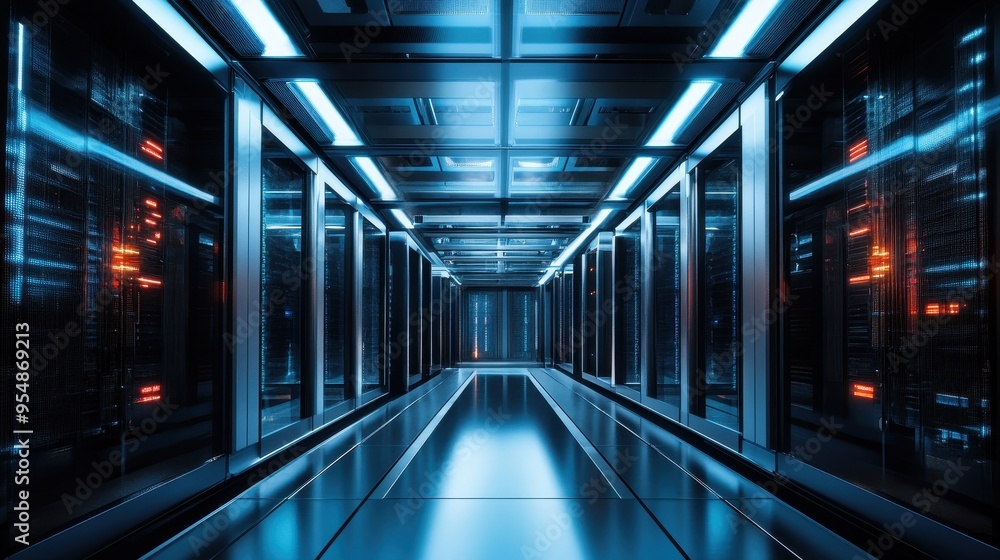 Poster futuristic data center with rows of server racks and blue lighting