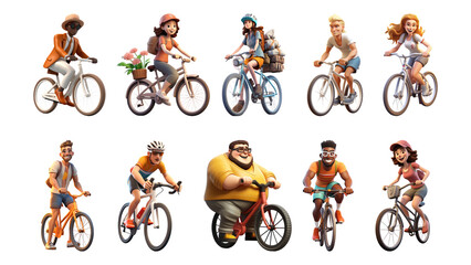 Obraz premium PNG 3D people riding bikes element set, transparent background