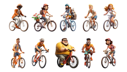 PNG 3D people riding bikes element set, transparent background